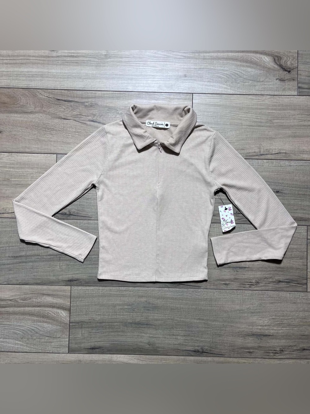 Cloud Dancer Womens Ribbed Long Sleeve 1/4 Zip Cropped Polo‎ Top Small Tan